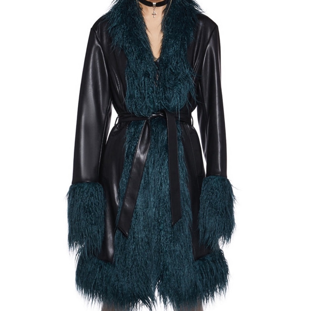 dELiA*s Black and Blue Leather Jacket with Faux Fur Trim